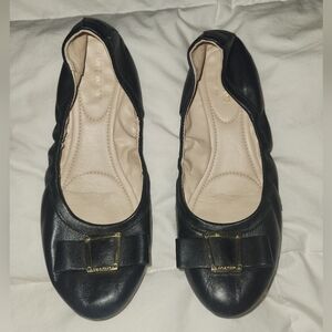 Cole Haan Black Leather Ballet Flats with Bow and Gold Buckle
